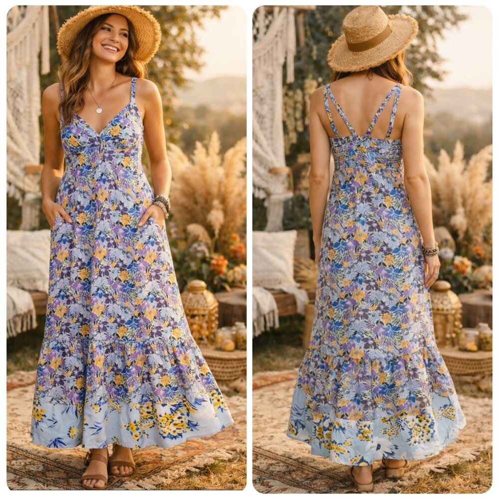 STITCH DROP Maxi Dress XL Ditsy Floral Sleeveless Smocked Pockets Side Zip Boho